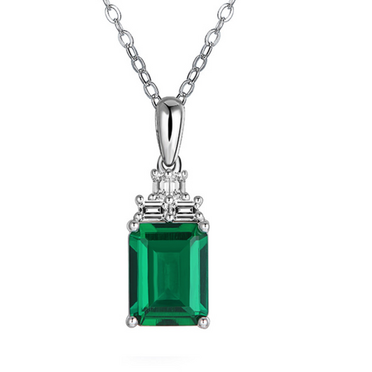 Cultured Emerald S925 Sterling Silver Cultured Emerald Pendant Emerald Women's Cushion Necklace