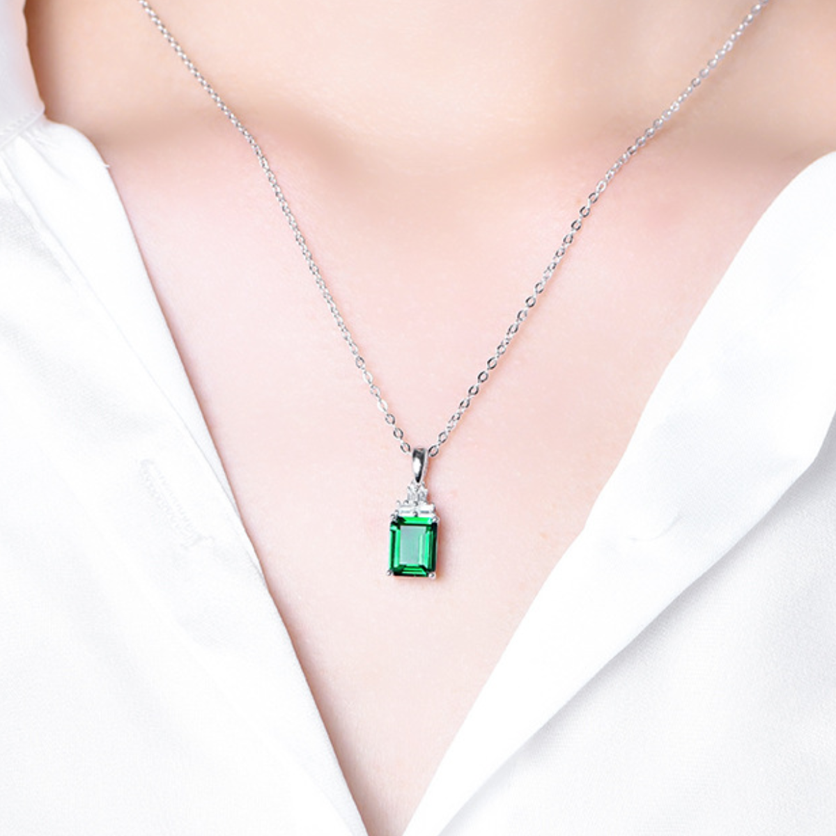 Cultured Emerald S925 Sterling Silver Cultured Emerald Pendant Emerald Women's Cushion Necklace