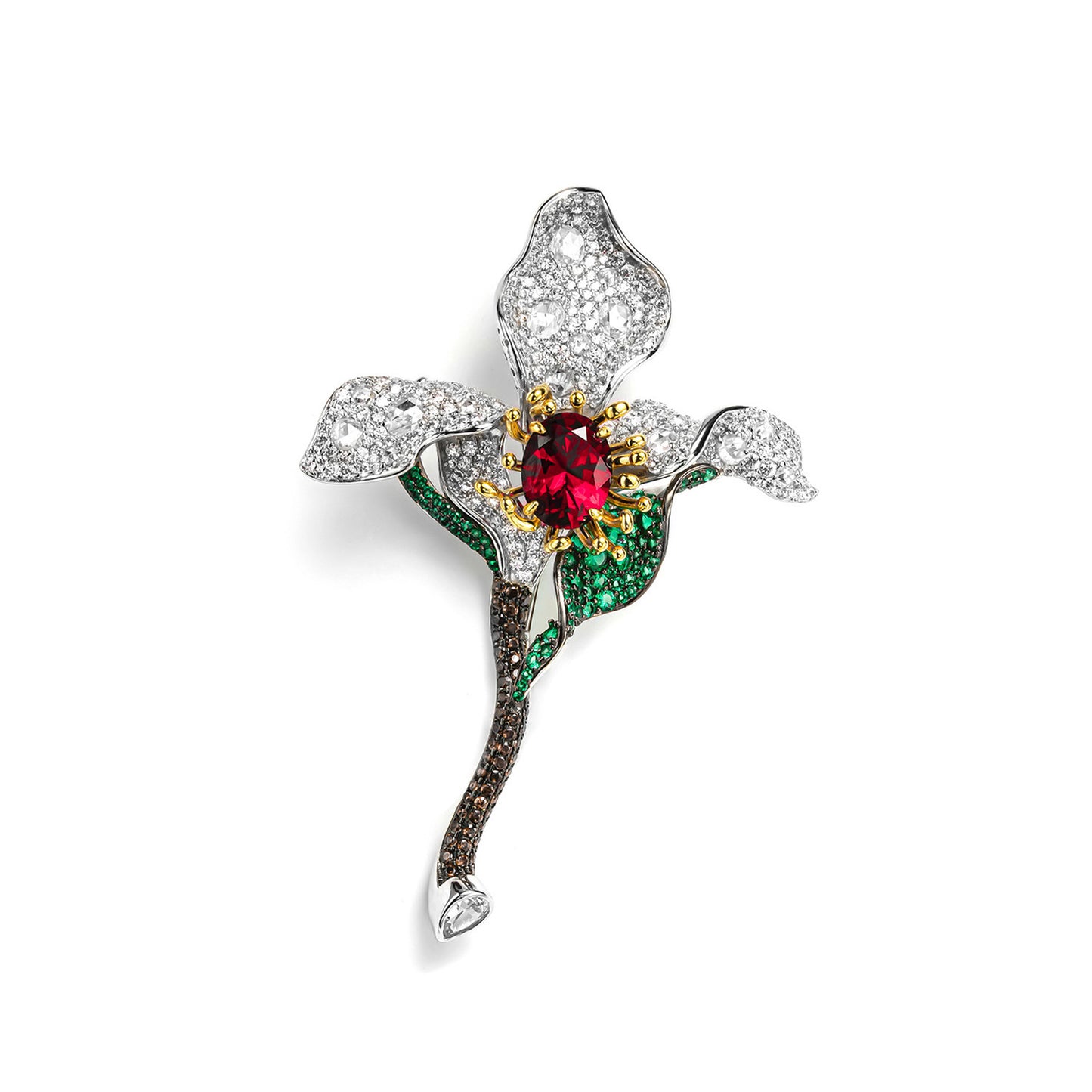 Cindychao Floral Flower High Carbon Diamond Brooch in Dove's Blood Red