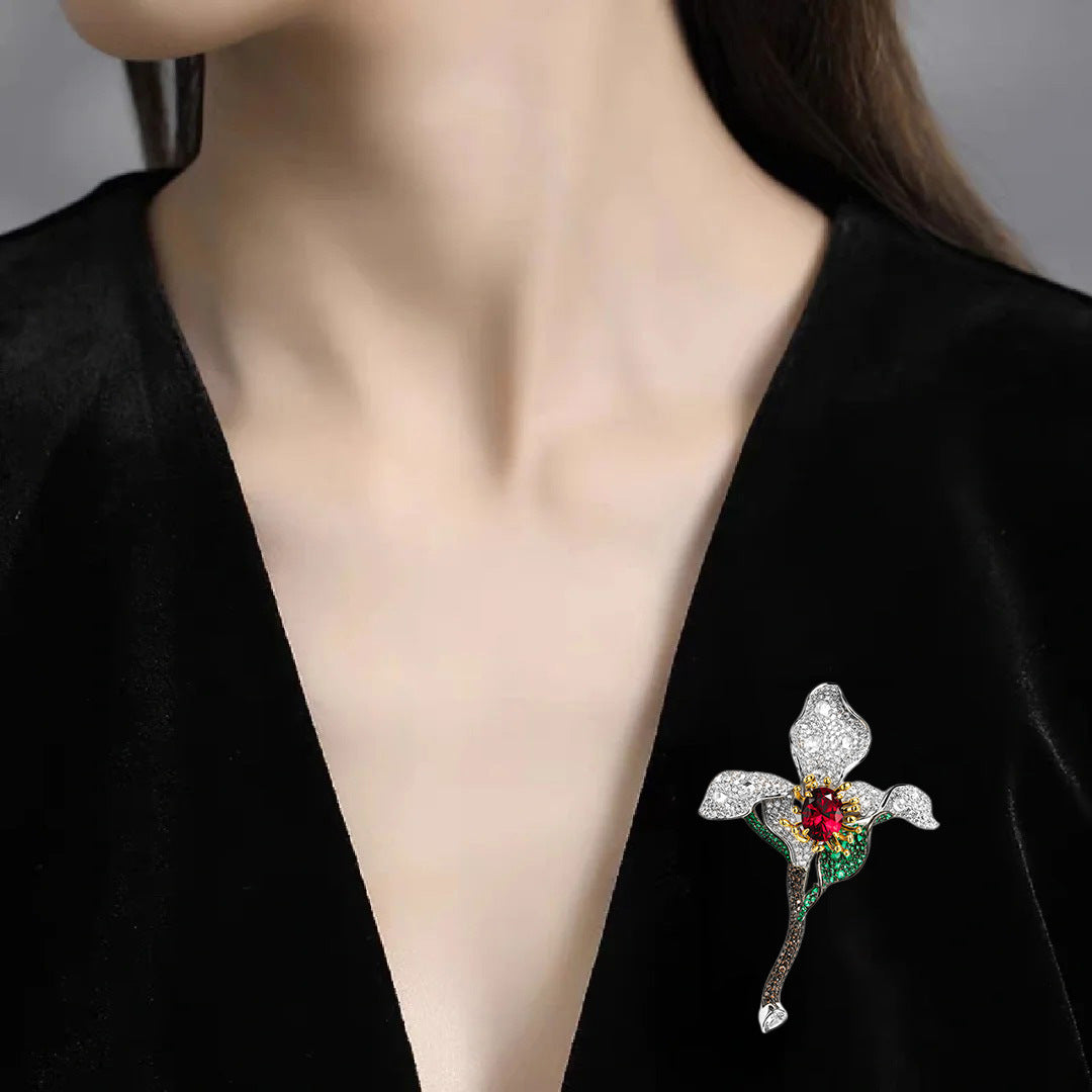 Cindychao Floral Flower High Carbon Diamond Brooch in Dove's Blood Red