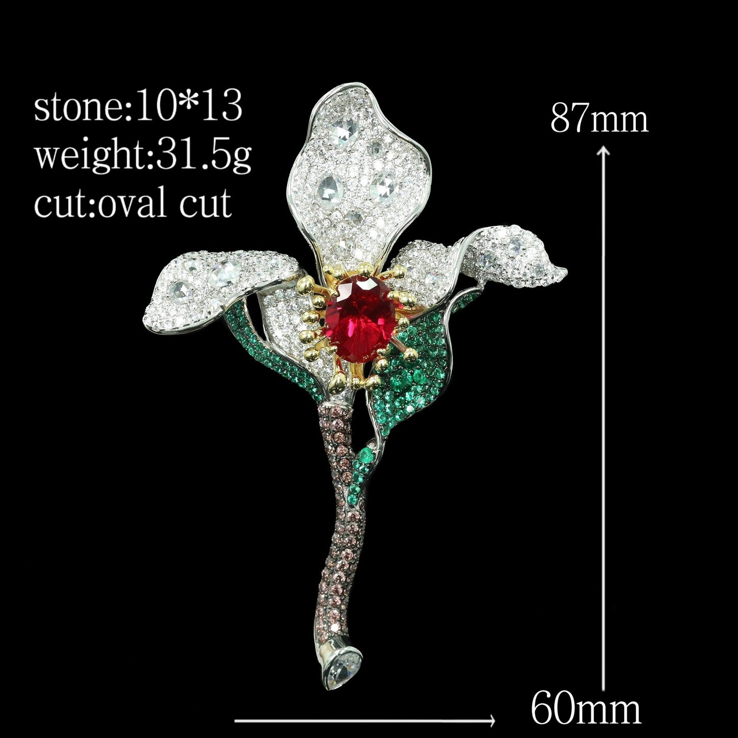 Cindychao Floral Flower High Carbon Diamond Brooch in Dove's Blood Red