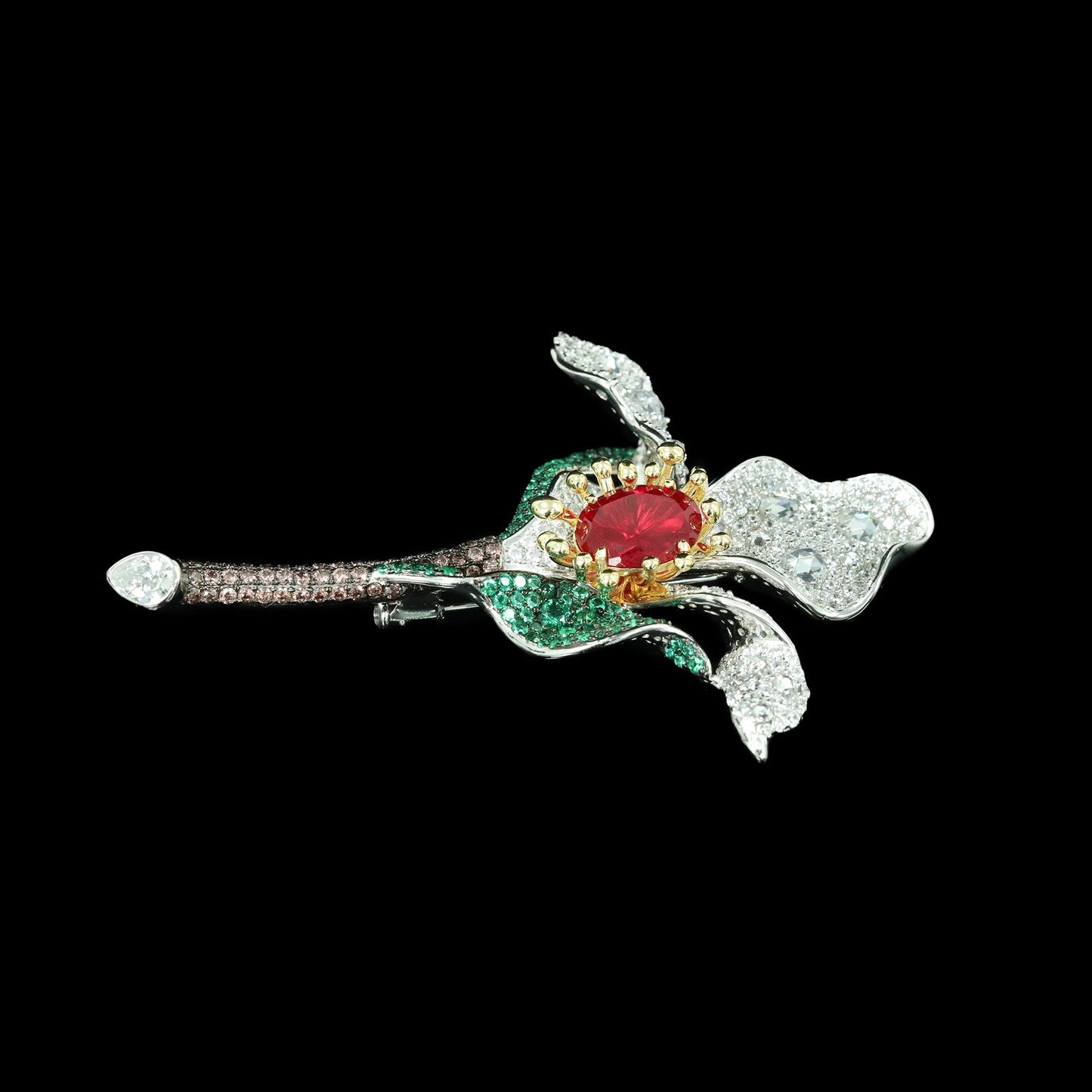 Cindychao Floral Flower High Carbon Diamond Brooch in Dove's Blood Red