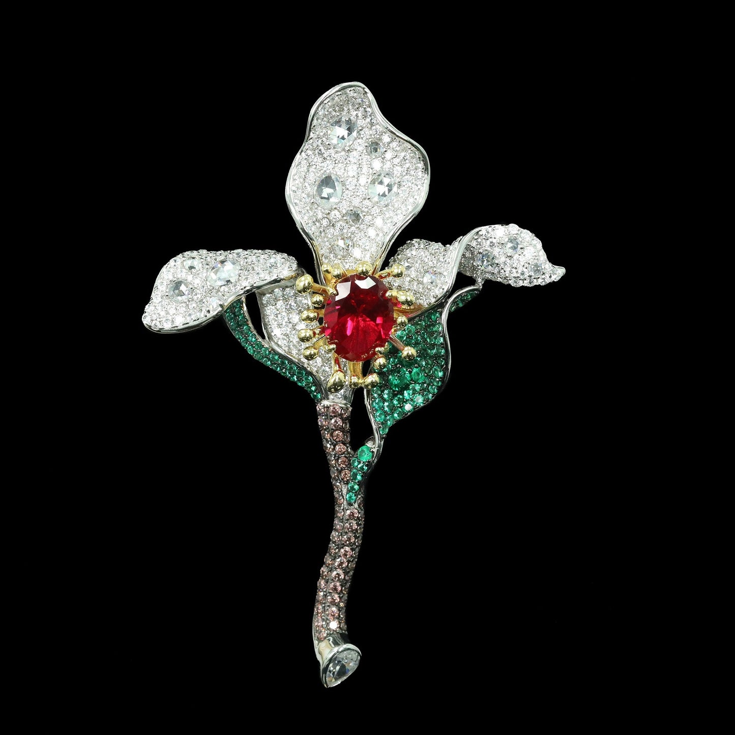Cindychao Floral Flower High Carbon Diamond Brooch in Dove's Blood Red