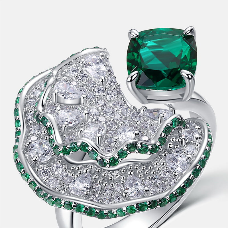 New Seiko full diamond petal ring women S925 sterling silver gold plated cultivated emerald ring