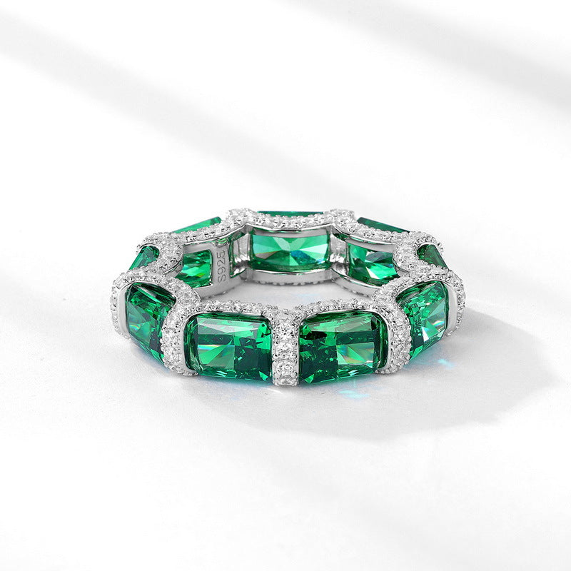Emerald row full diamond ring S925 silver high carbon diamond women's ring
