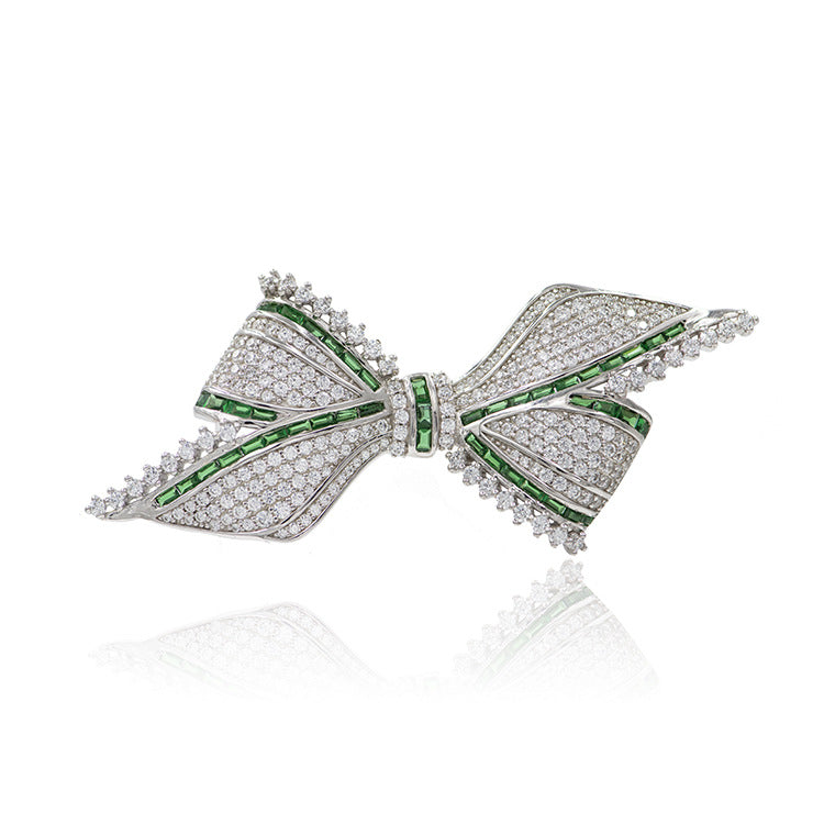 Vintage Elegant Green Silver Gilded Bow Brooch