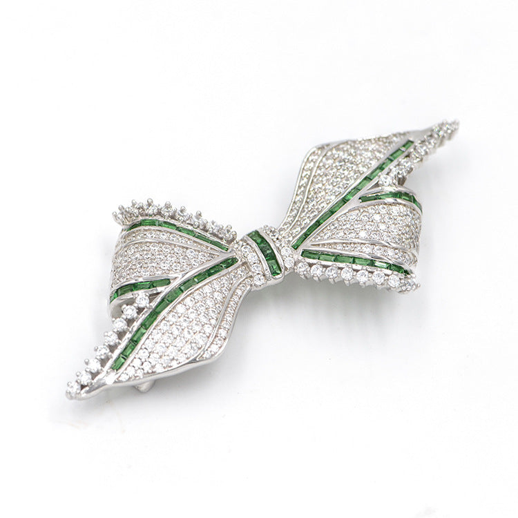 Vintage Elegant Green Silver Gilded Bow Brooch