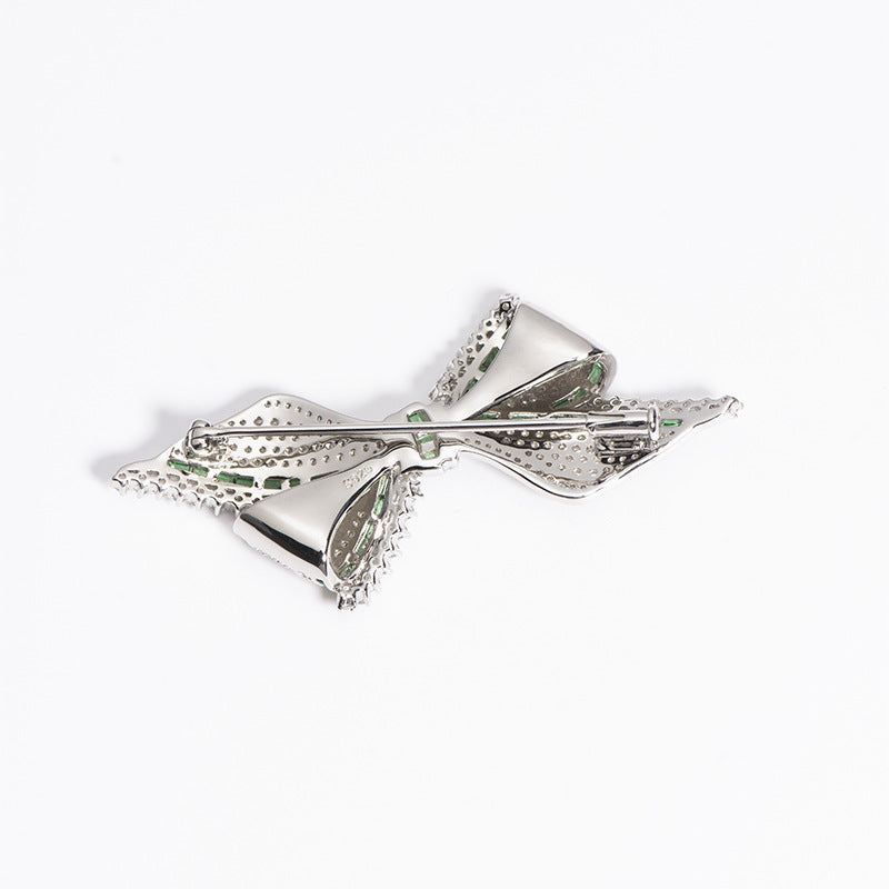 Vintage Elegant Green Silver Gilded Bow Brooch