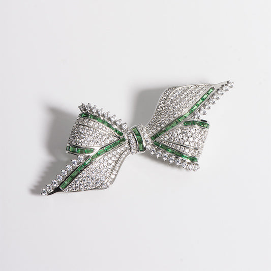 Vintage Elegant Green Silver Gilded Bow Brooch