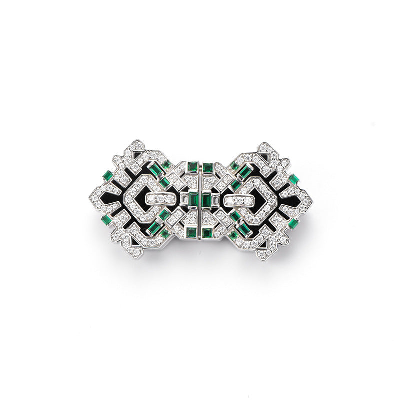 Art deco style green nano black onyx vintage brooch