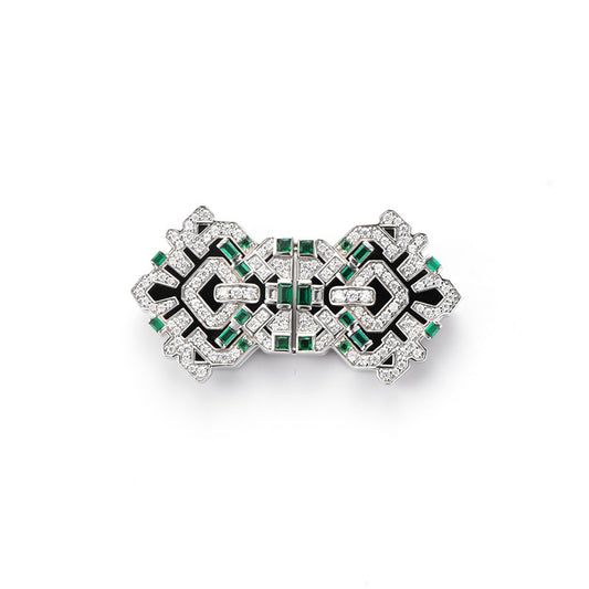 Art deco style green nano black onyx vintage brooch