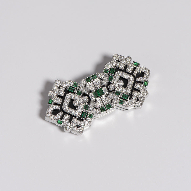 Art deco style green nano black onyx vintage brooch