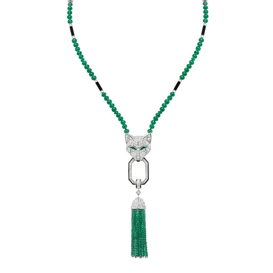 High Carbon Diamond Coyote Muzo Green Natural Chalcedony Tassel Necklace