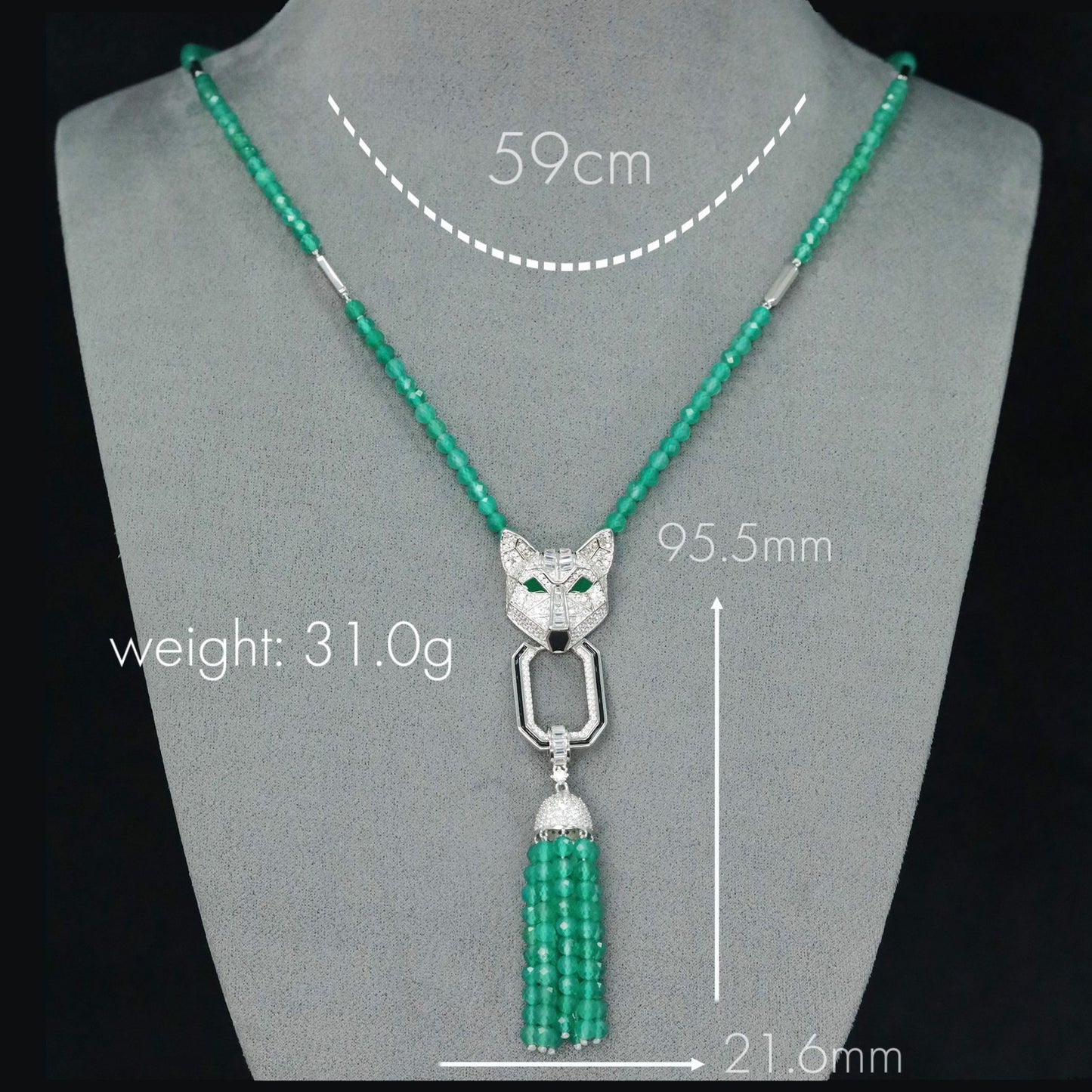 High Carbon Diamond Coyote Muzo Green Natural Chalcedony Tassel Necklace