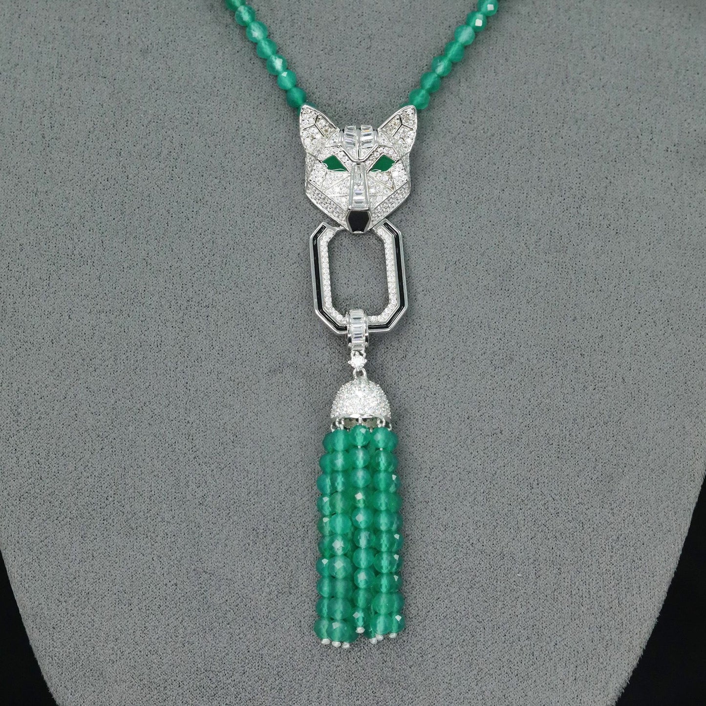 High Carbon Diamond Coyote Muzo Green Natural Chalcedony Tassel Necklace
