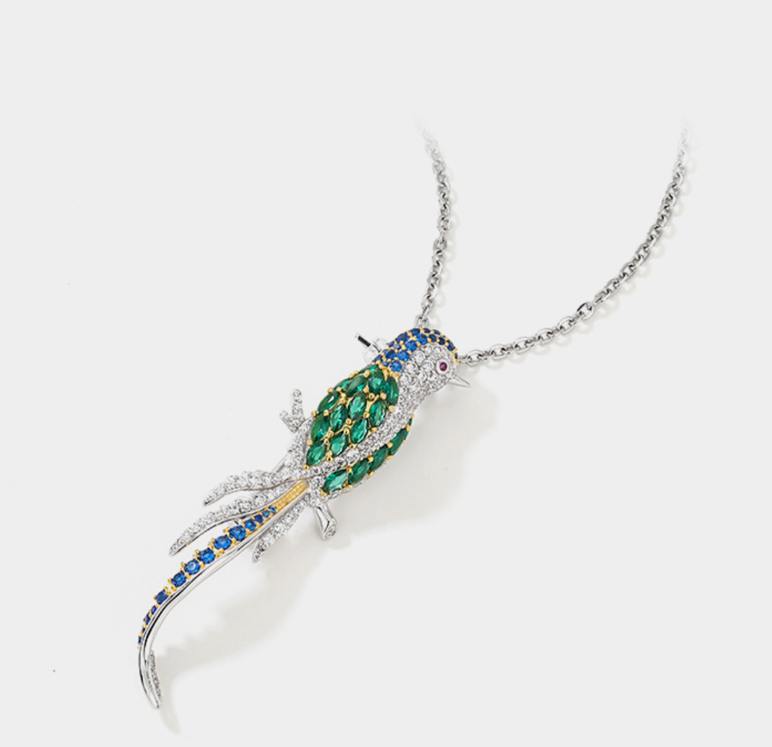 Hummingbird Blue Green Diamond Brooch Couture Corsage Jewelry
