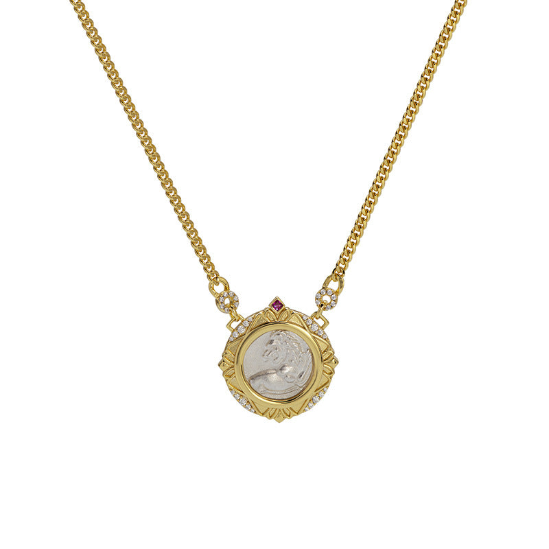 18K Gold American Lion 18K Gold Ruby Ancient Coin Vintage Necklace