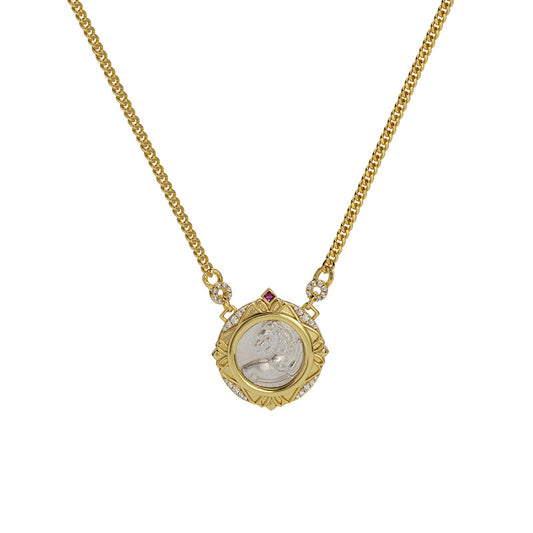 18K Gold American Lion 18K Gold Ruby Ancient Coin Vintage Necklace