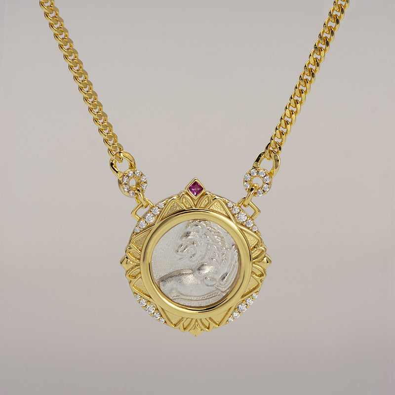 18K Gold American Lion 18K Gold Ruby Ancient Coin Vintage Necklace