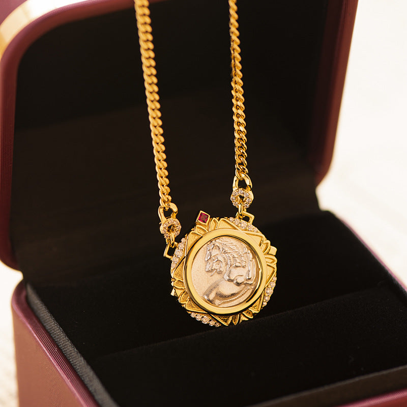 18K Gold American Lion 18K Gold Ruby Ancient Coin Vintage Necklace