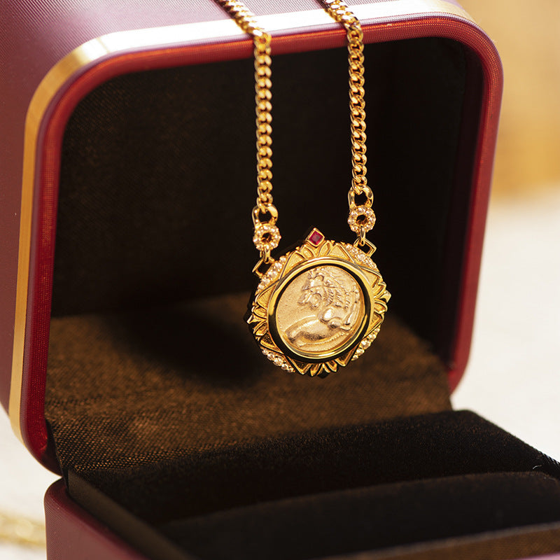 18K Gold American Lion 18K Gold Ruby Ancient Coin Vintage Necklace