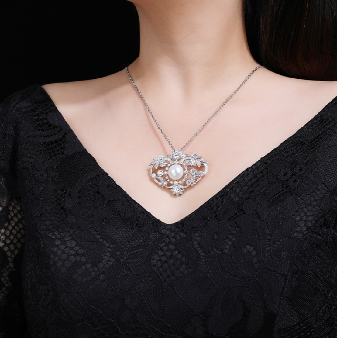 Love Pearl Diamond Brooch Silver Necklace Pendant Dual Purpose Corsage