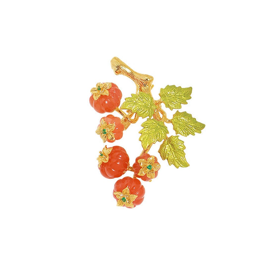Orange Lantern Fruit Brooch Green Leaf Flower Corsage