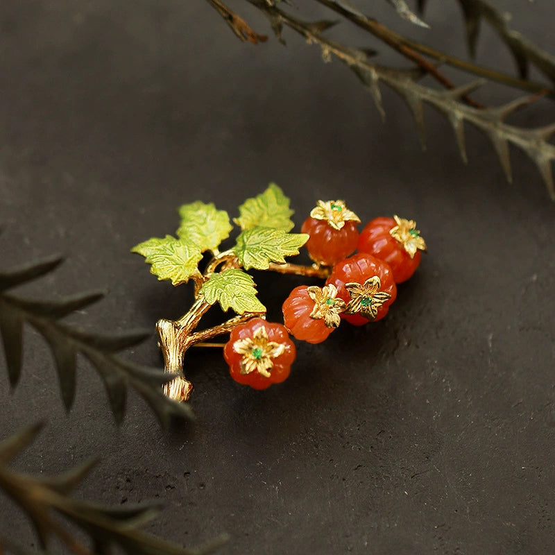 Orange Lantern Fruit Brooch Green Leaf Flower Corsage