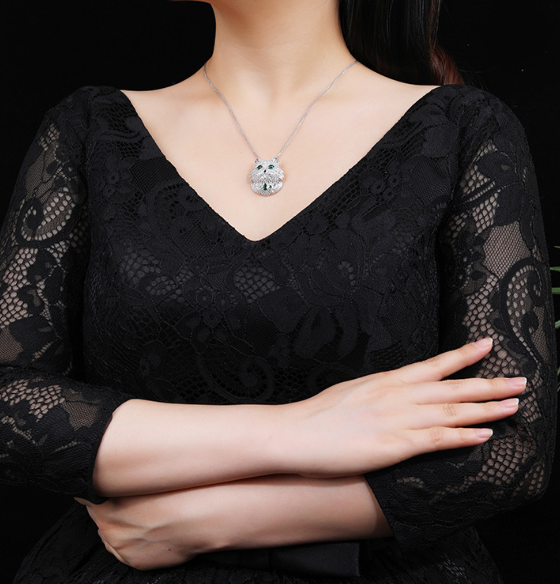 Owl Diamond Necklace White Gold Sterling Silver Premium