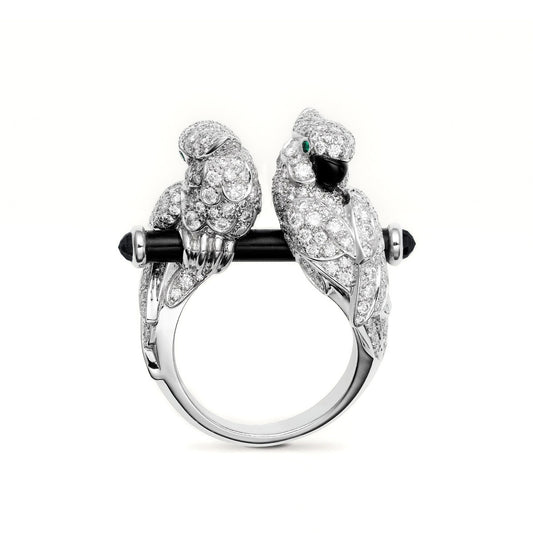 High Carbon Diamond Enamel Parrot Double Head Love Bird Ring