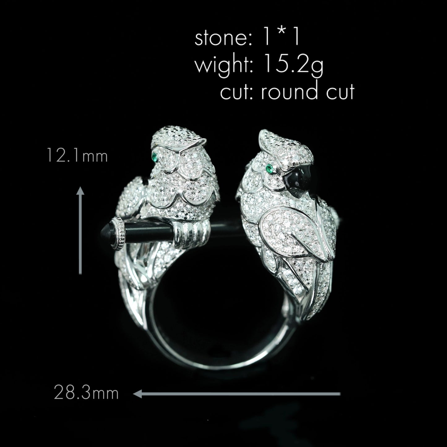 High Carbon Diamond Enamel Parrot Double Head Love Bird Ring