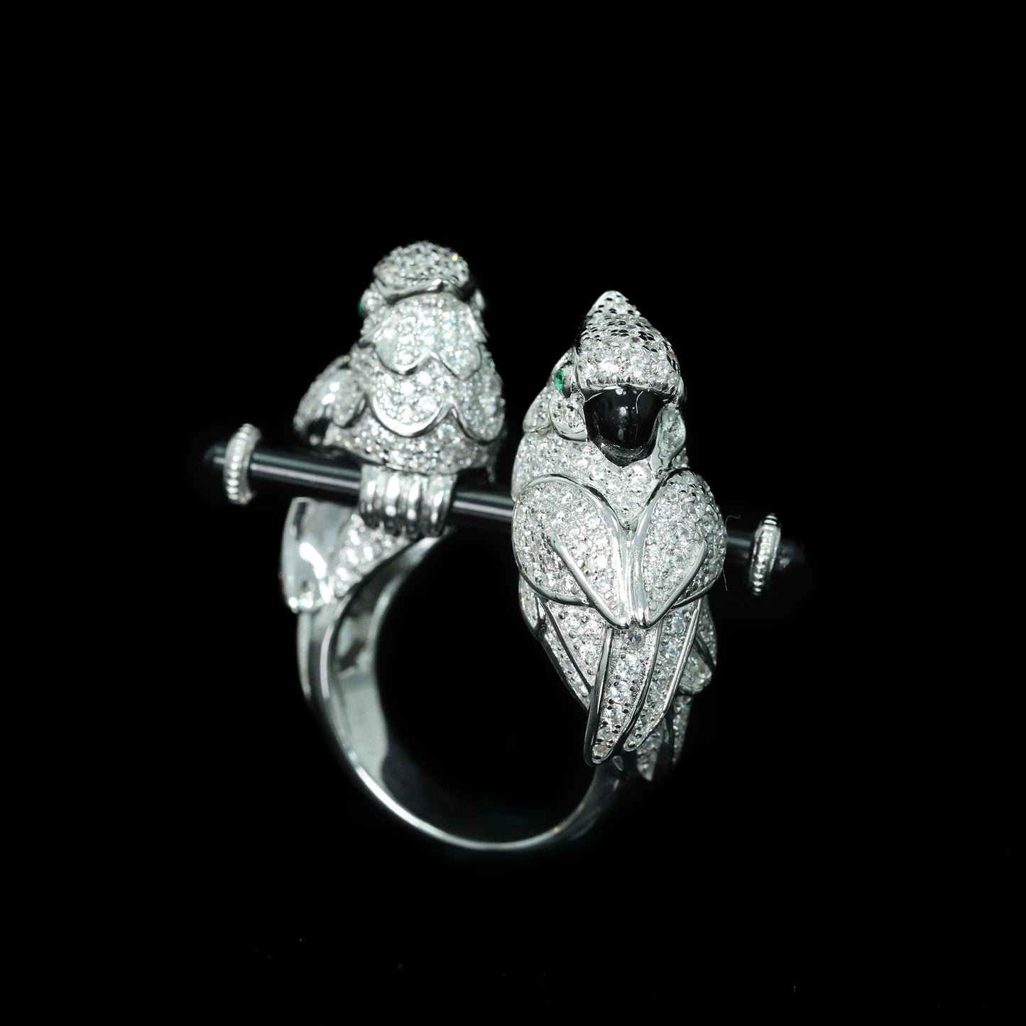 High Carbon Diamond Enamel Parrot Double Head Love Bird Ring