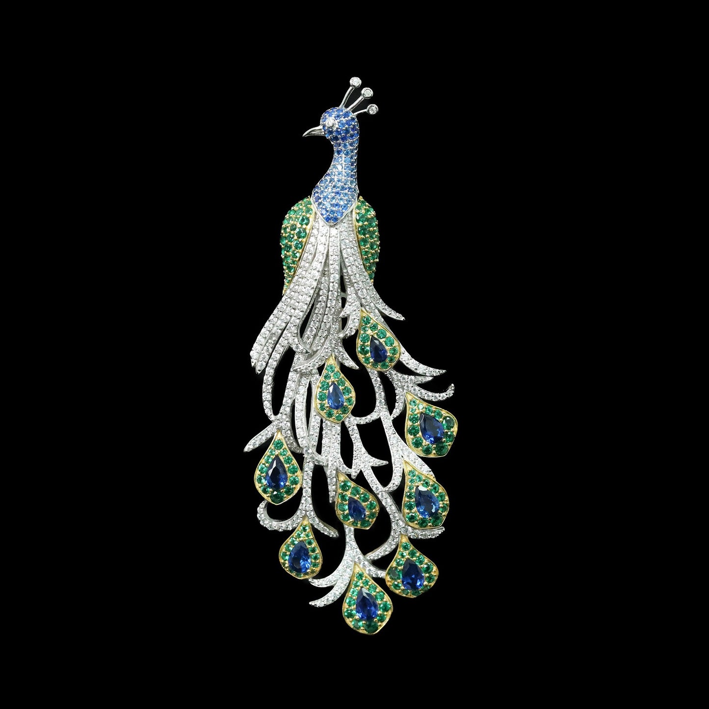 Royal Blue Bird's Feather Realm Peacock Brooch Pendant Dual Purpose