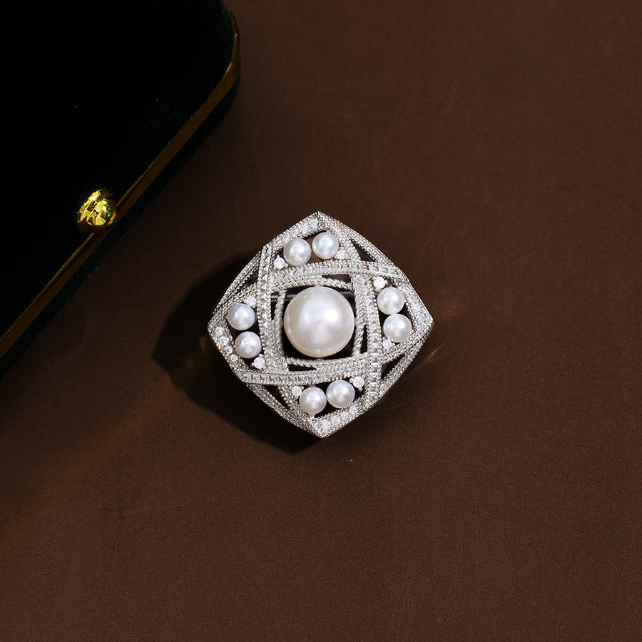 Diamond and lace pearl brooch with natural freshwater pearl corsage