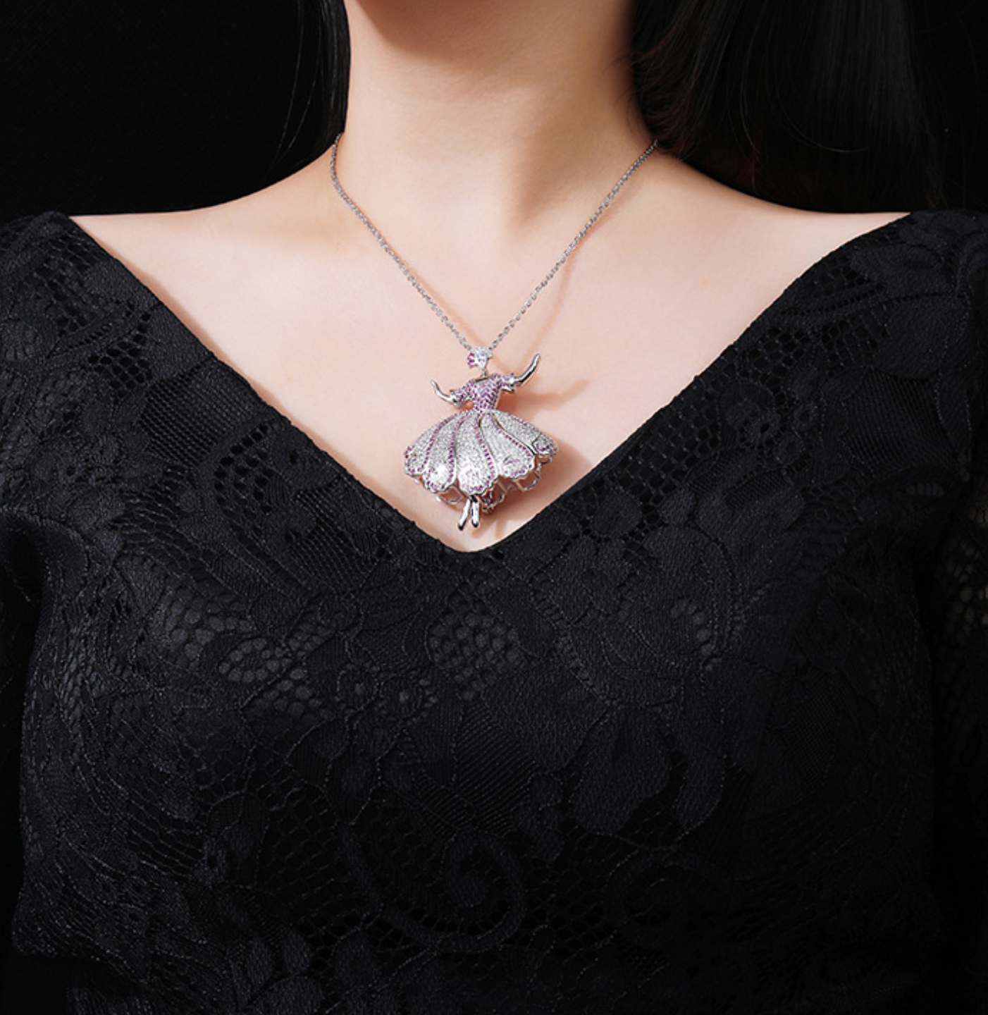 Pink Dancing Girl Diamond Brooch Necklace Pendant Dual Purpose Corsage