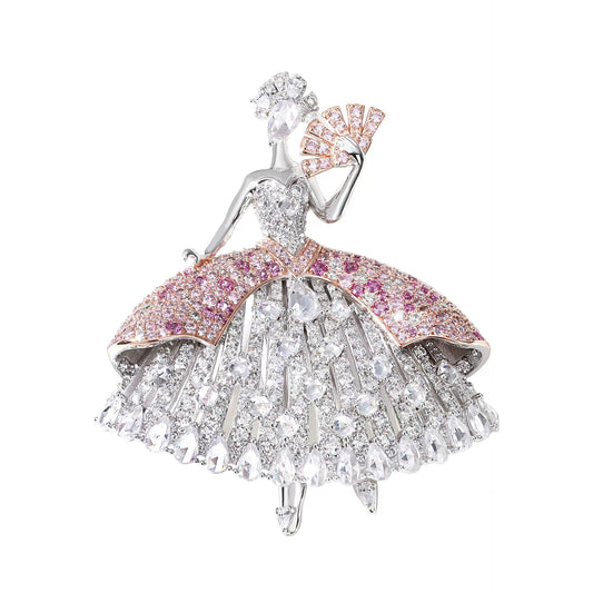 Pink Dancing Fan Girl Diamond Brooch Necklace Pendant Dual Purpose Corsage