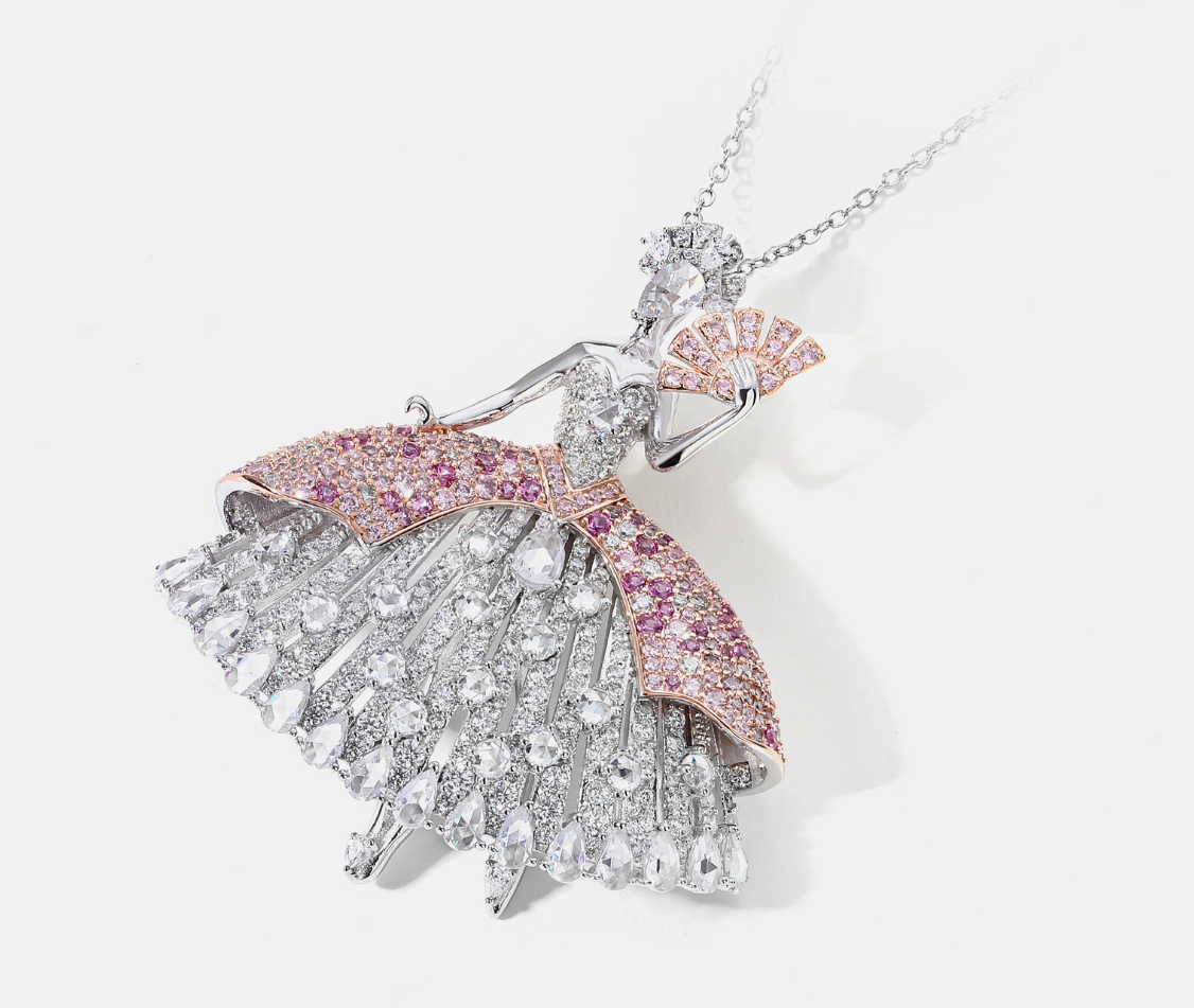Pink Dancing Fan Girl Diamond Brooch Necklace Pendant Dual Purpose Corsage