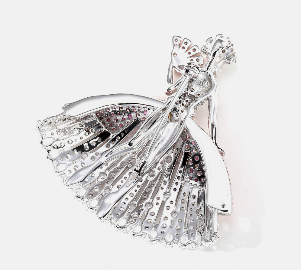 Pink Dancing Fan Girl Diamond Brooch Necklace Pendant Dual Purpose Corsage