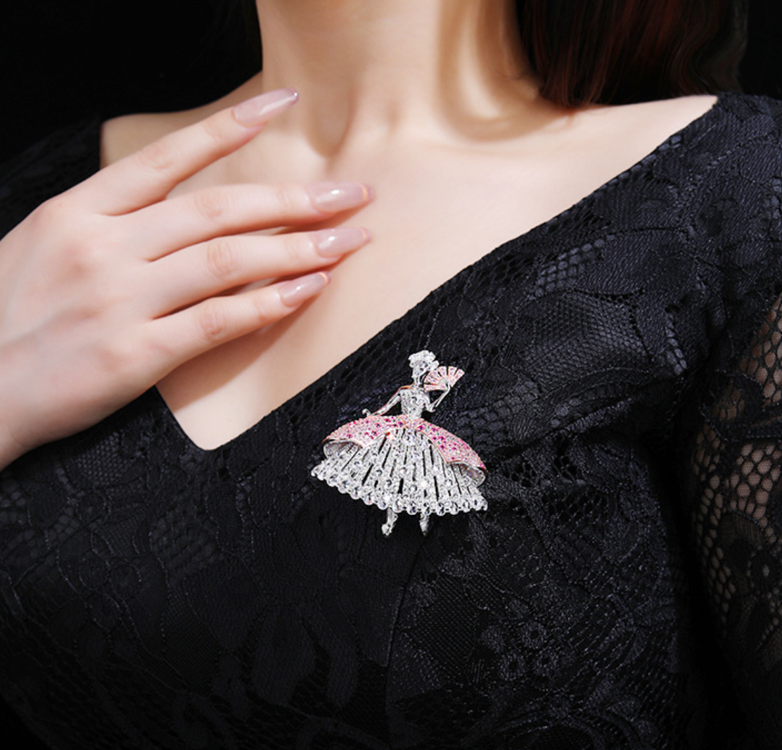 Pink Dancing Fan Girl Diamond Brooch Necklace Pendant Dual Purpose Corsage