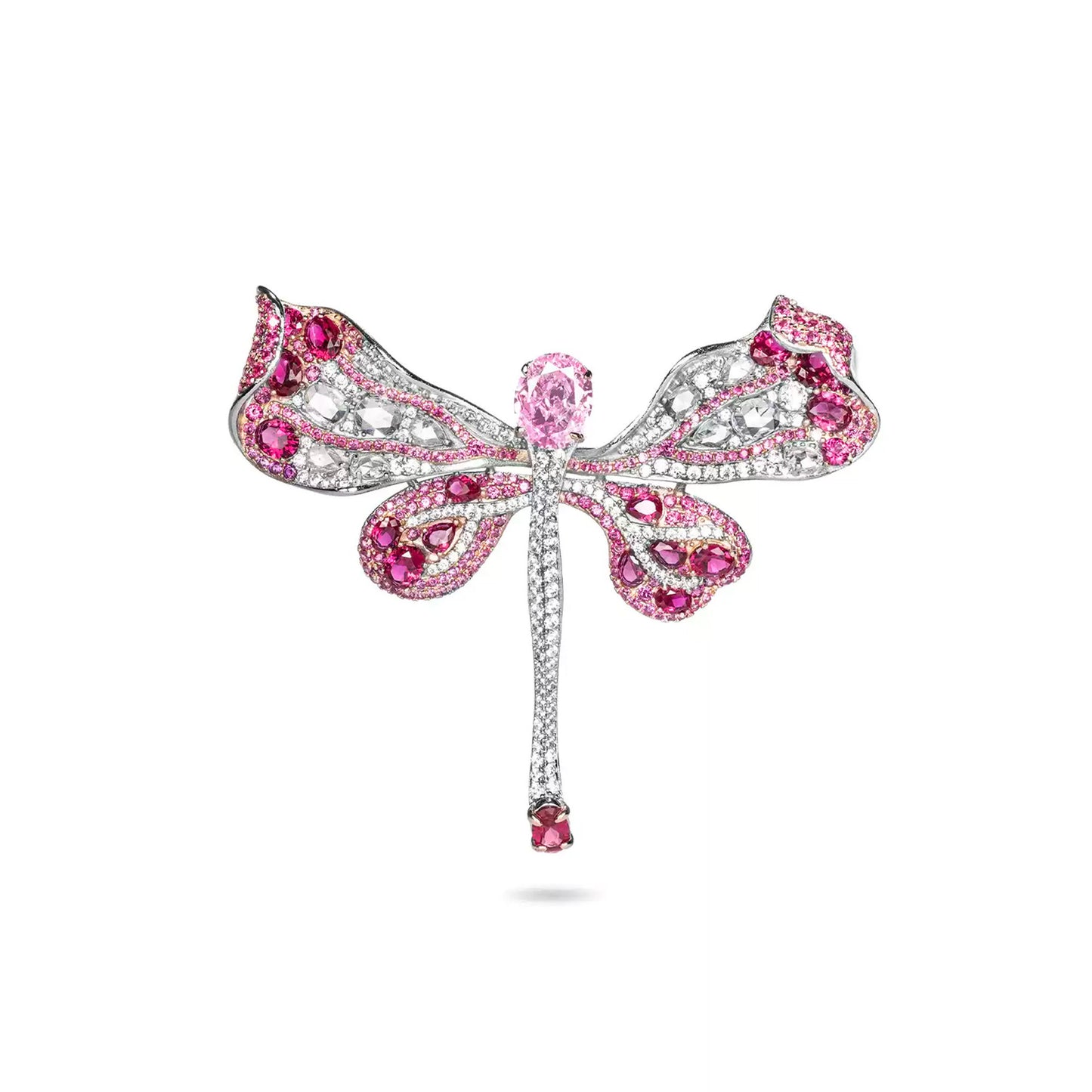 High Carbon Diamond Pigeon Blood Red Cindychao Pink Dragonfly Brooch