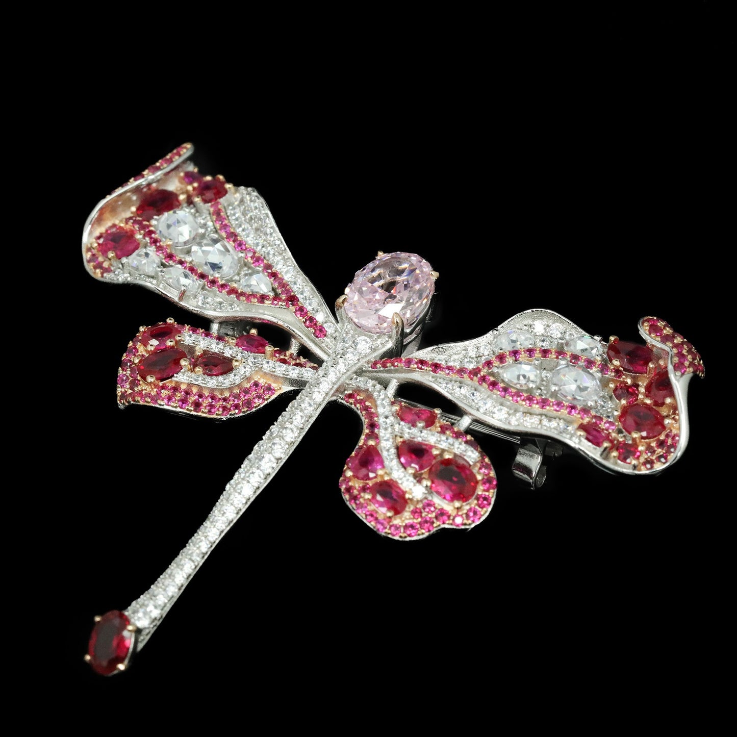 High Carbon Diamond Pigeon Blood Red Cindychao Pink Dragonfly Brooch