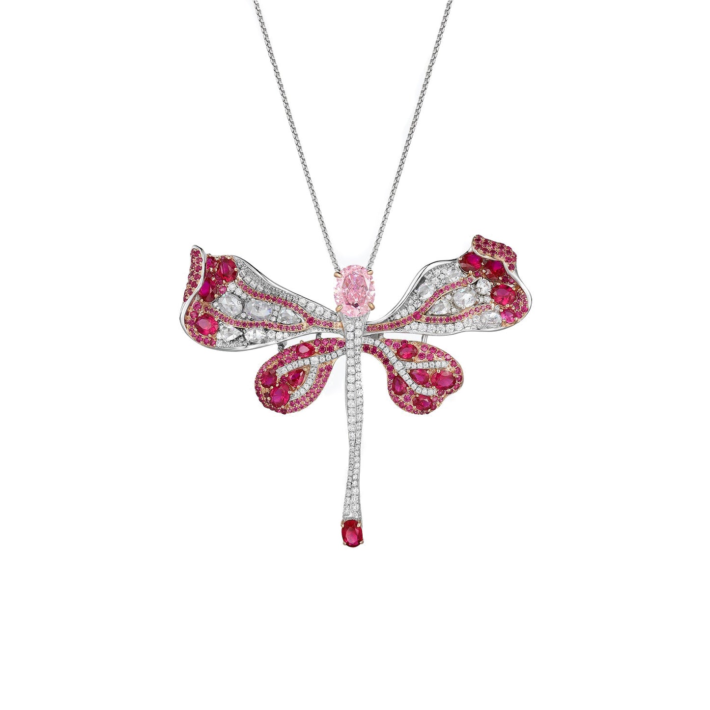 High Carbon Diamond Pigeon Blood Red Cindychao Pink Dragonfly Brooch