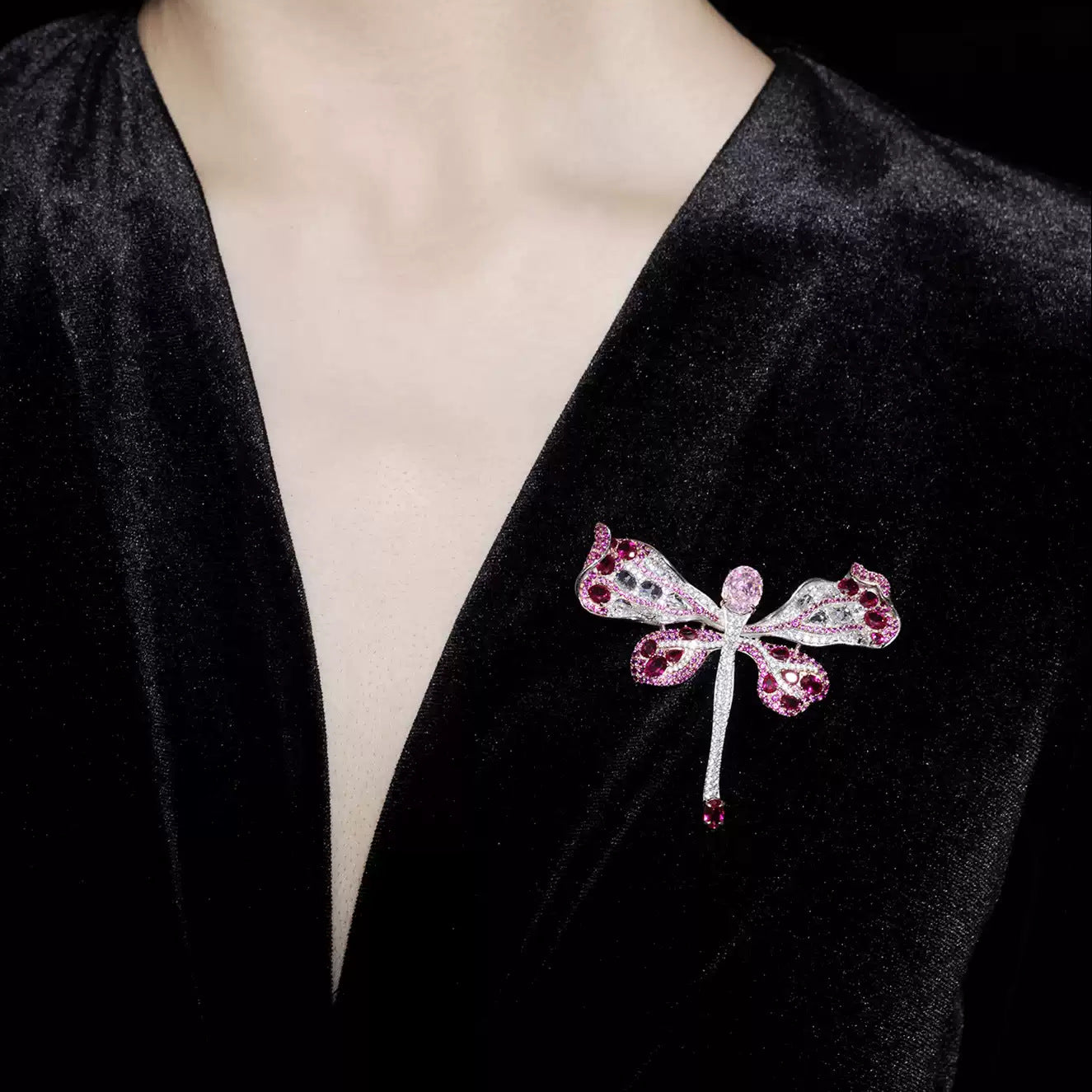 High Carbon Diamond Pigeon Blood Red Cindychao Pink Dragonfly Brooch
