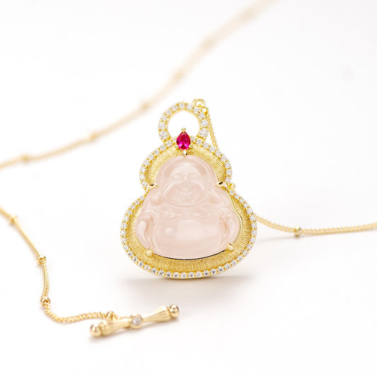 Brushed Corundum Pink Crystal Buddha Pendant Necklace