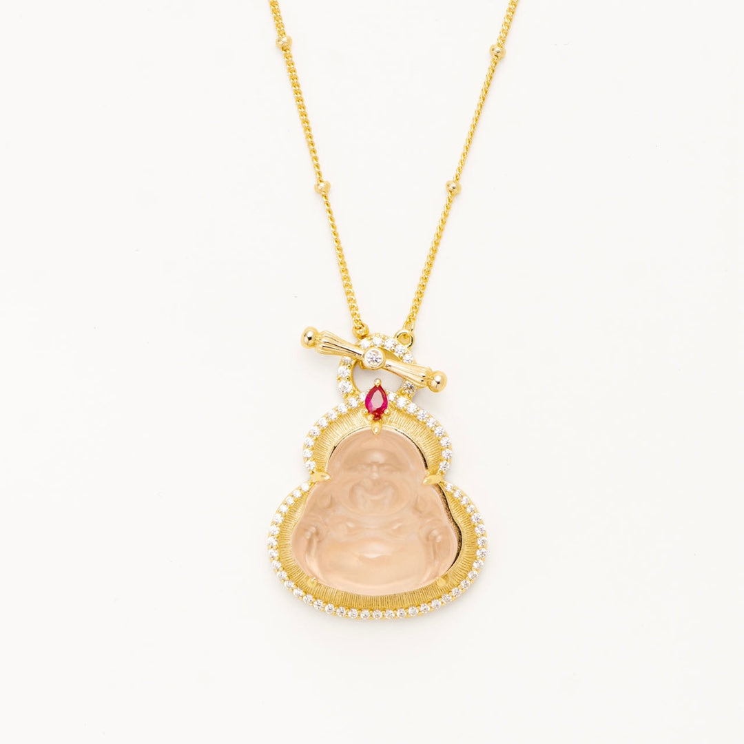 Brushed Corundum Pink Crystal Buddha Pendant Necklace