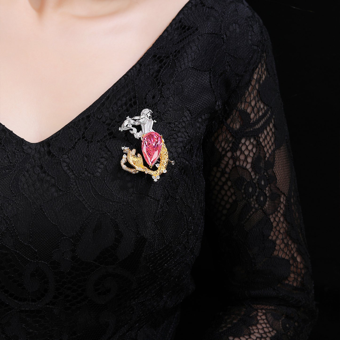 Pink Gold Mermaid Diamond Brooch Peplum Necklace Pendant
