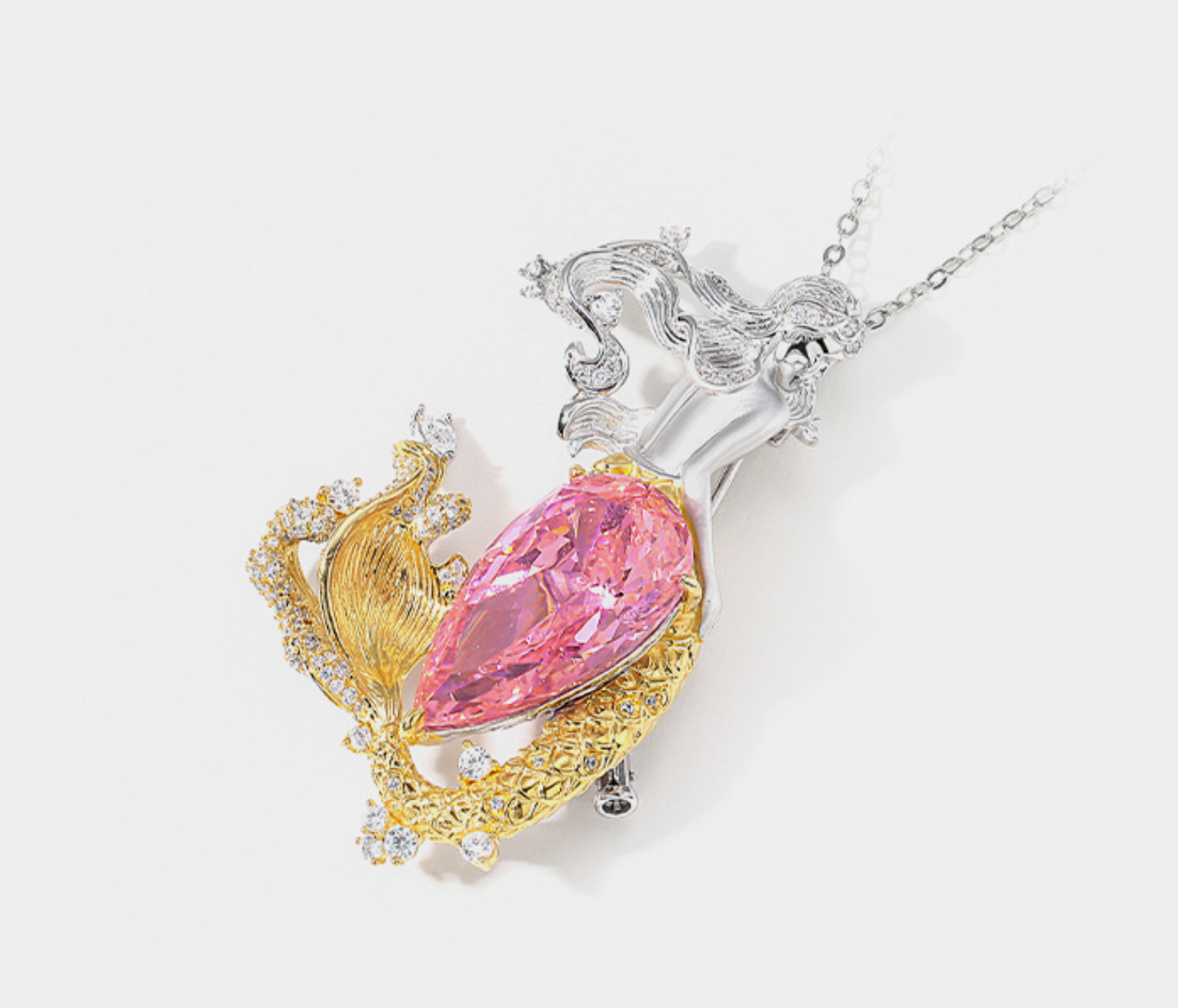 Pink Gold Mermaid Diamond Brooch Peplum Necklace Pendant
