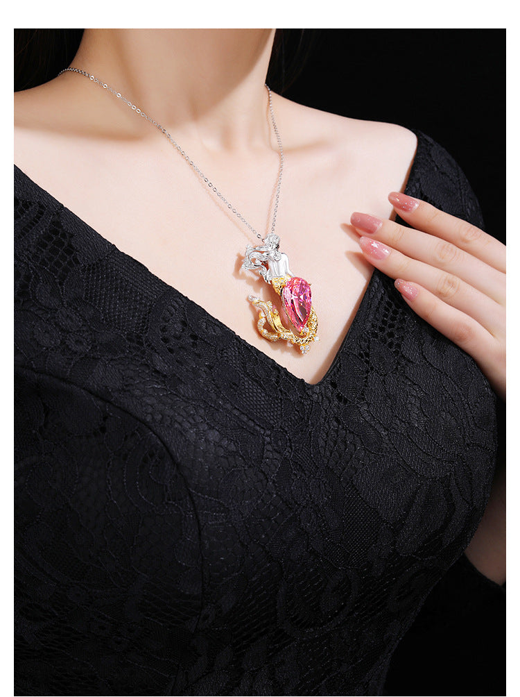 Pink Gold Mermaid Diamond Brooch Peplum Necklace Pendant