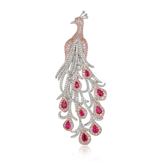 Pink Sapphire Bird's Feather Peacock Diamond Brooch and Pendant