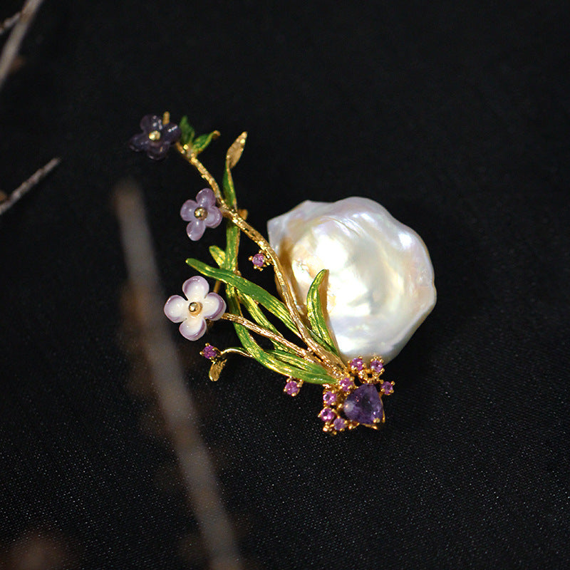 Orchid Vintage Temperament Amethyst Zirconia Pearl Brooch